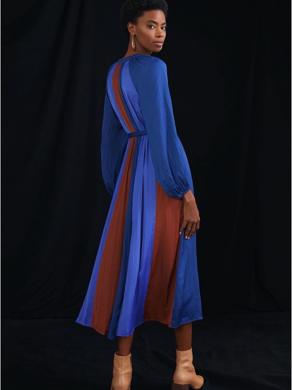 Anthropologie Maeve Medieval Blue and Rust Colorblock Tie-Waist Midi Dress Sz S - Picture 3 of 9